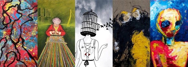 Vijf werken van deelnemende kunstenaars van kunstexpositie Vrije Vogels